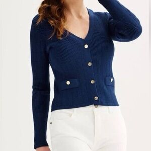 Draper James Ribbed Crop Cardigan V Neck Long Sleeves Gold buttons Size XS Navy